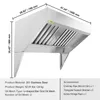 A stainless steel range hood with dimensions and product details displayed. Náhled obrázku produktu