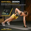A woman is performing a plank exercise with dumbbells in a gym setting. Produktbild-Vorschau