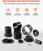 A collection of black metal bushings, sleeves, and sleeve plates are displayed on a light gray background. Above the products, there are four icons with text describing features like corrosion resistance and high hardness. Náhľad obrázku produktu