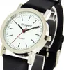 A close-up studio shot of a wristwatch with a white face and a black leather strap. Produktbild-Vorschau