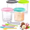 A set of four ice cream containers with different colored lids, an ice cream scoop, and several small spoons, along with a small arrangement of ice cream scoops and garnishes. Produktbild-Vorschau