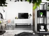 A modern living room with a TV, a media console, dining chairs, and a bookshelf. Produktbild-Vorschau