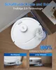 A white robot vacuum cleaner is shown on a wooden floor, demonstrating its ability to clean edges and corners, with inset images showing it cleaning around chair legs and under furniture. Anteprima dell’immagine prodotto