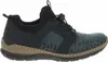 A side view of a blue and black sneaker with a patterned design. Voir les images du produit