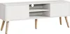 A white TV stand with wooden legs against a white background. Voir les images du produit