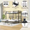 A triple bunk bed is shown in a room with decorative elements and text overlays highlighting its features. Voir les images du produit