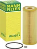 A product shot of a MANN-FILTER oil filter and its packaging, along with two O-rings. Náhled obrázku produktu