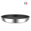 A close-up, side view of a stainless steel frying pan with a black non-stick interior. Voir les images du produit