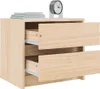 A close-up view of a wooden nightstand with two drawers, one of which is partially open. A stack of books and a clock are on top of the nightstand. Produktbild-Vorschau