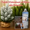 A decorative artificial Christmas tree covered in artificial snow, next to a can of snow spray and a small sprig of greenery being sprayed. Produktbild-Vorschau