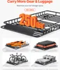 Collage showing a roof rack with various items loaded onto it, including kayaks, luggage, bicycles, and storage containers. Anteprima dell’immagine prodotto