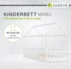 A white wooden children's bed with a house-like frame, presented against a light gray and white background with marketing text and a logo. Náhled obrázku produktu