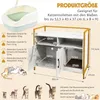 A diagram showing the dimensions and weight capacities of a cat litter box cabinet, with illustrations of cats and a cat litter box. Voir les images du produit