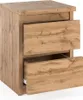 A close-up, angled view of a wooden nightstand with two drawers, one partially open. Produktbild-Vorschau