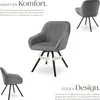 A collage of images showcasing a gray armchair with a swivel base, accompanied by descriptive text highlighting its comfort and design. Produktbild-Vorschau