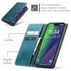 A teal leather flip case for a smartphone, showing its card slots and cash holder, with a phone displaying the time and weather. Produktbild-Vorschau