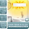 A bathroom scene with a heater mounted on the wall, surrounded by icons indicating different rooms where it can be used. Produktbild-Vorschau