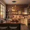 A rustic kitchen with brick walls, wooden cabinets, and a copper countertop, featuring a pendant light fixture. Náhled obrázku produktu
