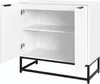 An empty white cabinet with two shelves and two doors, one of which is open, on a black metal base. Produktbild-Vorschau