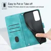 A teal flip-style phone case is shown open, with a hand inserting a phone into the case. Produktbild-Vorschau