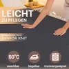 A person's hands are shown on a dark gray surface, with text overlays and icons indicating product features. Produktbild-Vorschau