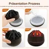 A collage of four images demonstrating the use of a humidifier with a flame effect. Produktbild-Vorschau