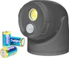 A dark gray motion-activated LED spotlight with batteries is shown against a white background. Produktbild-Vorschau