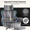A grey office chair with features highlighted by text and graphics. Produktbild-Vorschau