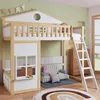 A children's loft bed with a house-like design, featuring a ladder, a small sofa underneath, and decorative elements like a toy car and pillows. Voir les images du produit