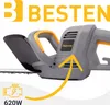 Close-up marketing image of a hedge trimmer with a yellow arrow highlighting a feature and text indicating power. Náhled obrázku produktu