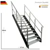 A metal staircase with handrails and grated steps, shown against a white background with dimensions indicated. Podgląd zdjęcia produktu