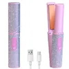 A pink and silver hair straightener with rhinestones, shown closed and open, with USB-C cables. Produktbild-Vorschau