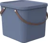 A blue storage bin with a brown handle and lid, shown against a white background. Produktbild-Vorschau