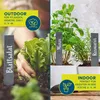A split image showing plant markers for outdoor and indoor use. The left side shows a hand planting lettuce outdoors with a 'Blattsalat' marker. The right side shows mint and rosemary plants indoors with 'Minze' and 'Rosmarin' markers. Produktbild-Vorschau