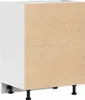 A white kitchen cabinet base with a wood-effect front, shown from a side angle on a white background. Voir les images du produit