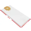 A white vacuum cleaner bag with a tan cardboard attachment is shown on a white background. Red arrows indicate the dimensions of the bag. Produktbild-Vorschau