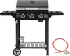 A black gas grill with silver accents and a red gas hose is shown against a white background. Produktbild-Vorschau