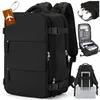 A black travel backpack is shown from the front, with smaller inset images showing its interior and how it can be attached to a suitcase. Podgląd zdjęcia produktu