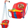 A red baby swing with yellow and blue accents, shown from two different angles against a white background. Náhľad obrázku produktu