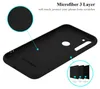 The inside of a black phone case is shown with close-up insets highlighting the microfiber lining and material layers. Podgląd zdjęcia produktu