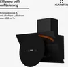 A black range hood is shown against a white background, with marketing text on the left. Produktbild-Vorschau