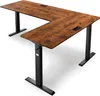 An L-shaped standing desk with a wood-grain finish and black legs, shown from a high-angle diagonal view against a white background. Produktbild-Vorschau