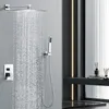 A modern bathroom with a chrome shower system in operation. Produktbild-Vorschau