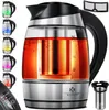 A glass electric kettle with a stainless steel base and handle, filled with amber liquid and a tea infuser. Several smaller images of the kettle with different colored lights are shown on the left, and a close-up of the kettle's base and a separate infuser Produktbild-Vorschau