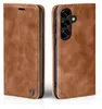 A brown leather flip case for a smartphone is shown from two angles. Produktbild-Vorschau