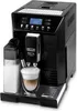A black DeLonghi Eletta Cappuccino Evo coffee machine is shown from the front, with a glass of latte macchiato in the foreground. Produktbild-Vorschau