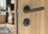 Close-up of a door handle and lock mechanism on a wooden door, with a blurred office interior in the background. Produktbild-Vorschau