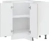 A white corner cabinet with two doors open, revealing two shelves inside. Produktbild-Vorschau