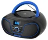 A black and blue portable CD player boombox with a digital display and speakers. Voir les images du produit