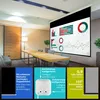 A meeting room with a projector screen displaying charts and graphs, with additional panels below detailing product features. Produktbild-Vorschau